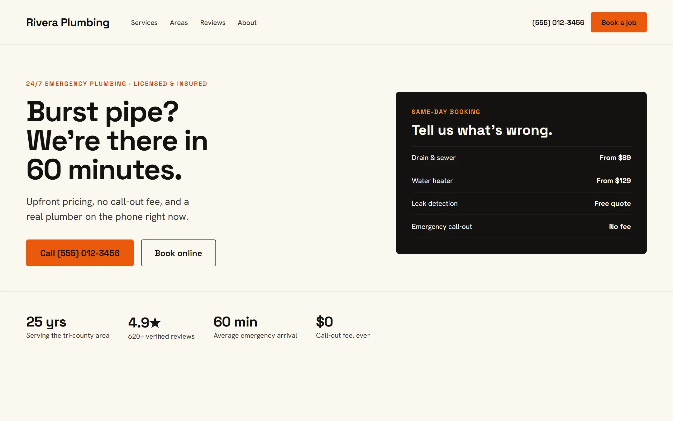Our rebuild — loads fast, reads clean on a phone, with the call-and-book action front and center.